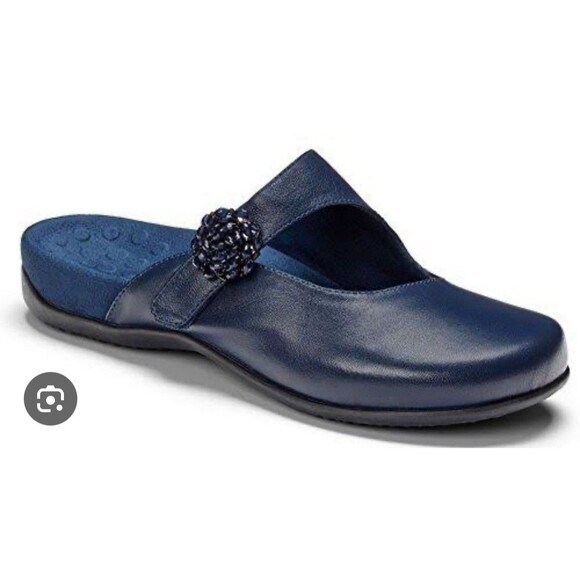 Vionic Navy Leather Joan Mules Clogs Orthaheel Comfort Shoes US 6 Beaded Flower - Picture 1 of 12